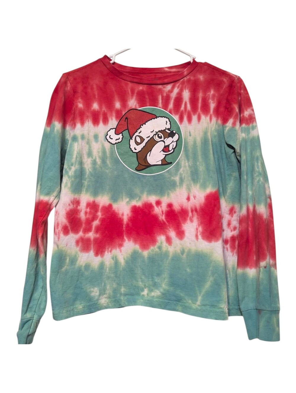 Buc-ee's Christmas Beaver Santa Red Green Tie-Dye Long Sleeve Shirt Youth L xmas